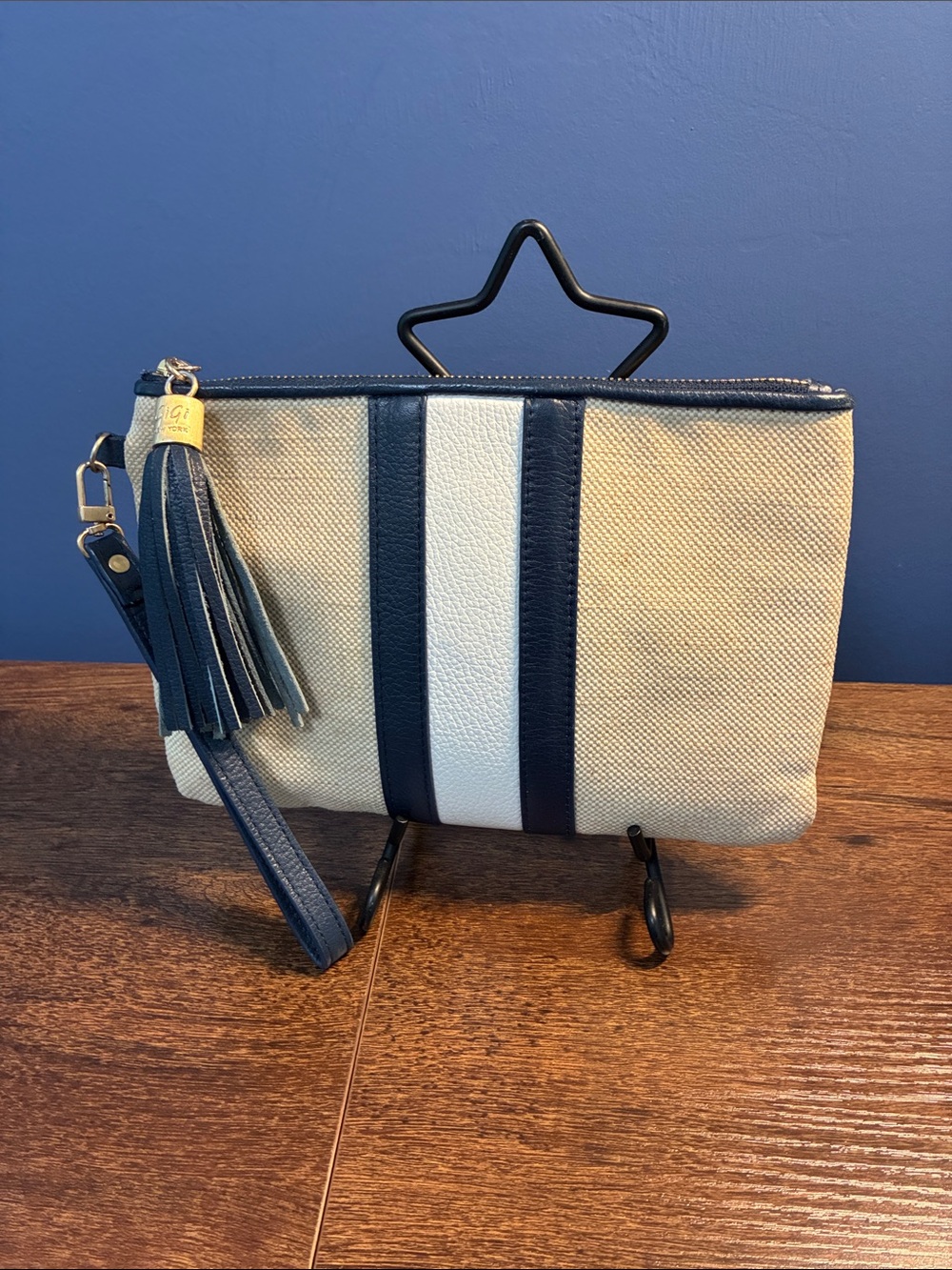 Gigi New York Canvas & Leather Wristlet Clutch - Navy and Cream